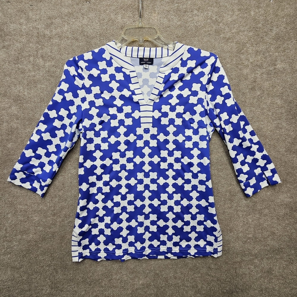 Sailor Sailor Blue White Geometric Tunic Blouse M 3/4 Sleeve Nautical USA
